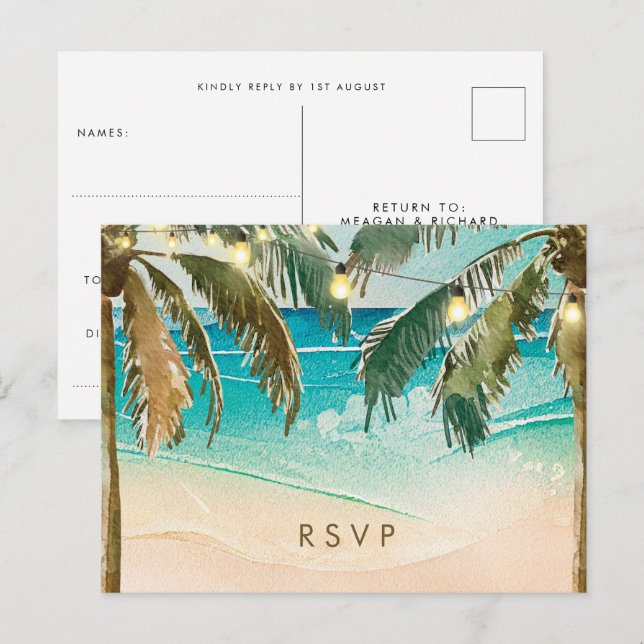 De Invitación Palmeras iluminan playa boda postal rsvp (Anverso / Reverso)