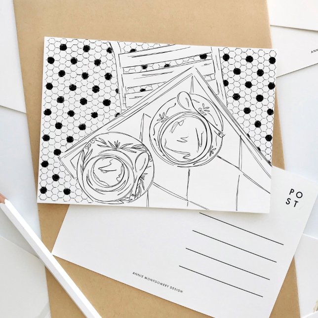 De Invitación Postal bistró París en blanco y negro (Black and white Paris cafe bistro travel postcard.)