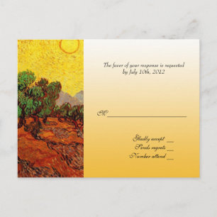 De Invitación postal del boda RSVP. Árboles olivos en cielo amar