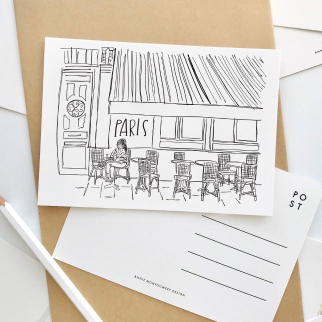 De Invitación Postal del café París en blanco y negro (Black and white sketch Paris travel postcard.)