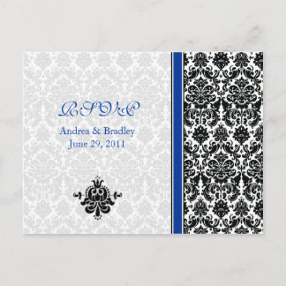De Invitación Postal RSVP azul, negro, blanco Damask