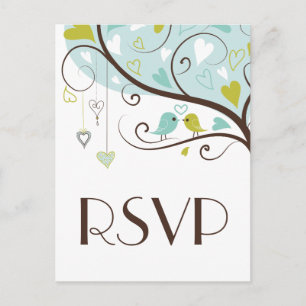 De Invitación Postal RSVP Blue & Green Cute Lovebirds Boda RSVP
