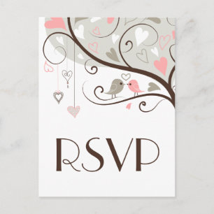 De Invitación Rosa y gris   Postal RSVP Cute Lovebirds Wedding