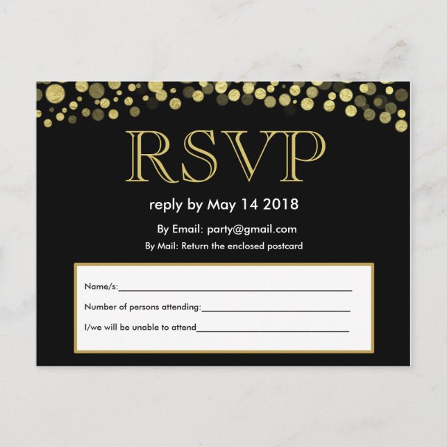 De Invitación RSVP invita a postal negro y oro (Anverso)