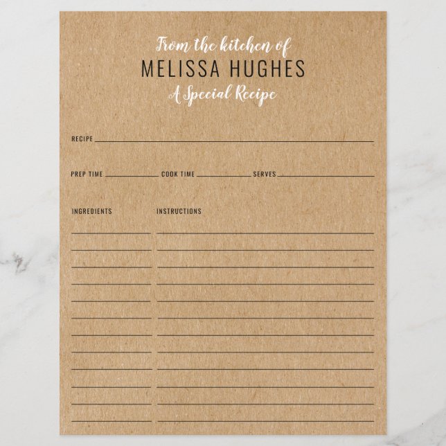 De La Cocina De Tarjeta De Receta De Kraft Rústico (Anverso)
