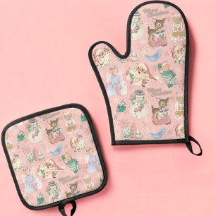 De Manoplas Adorables Navidades Retro Rosa Verde Oven Mitt Set