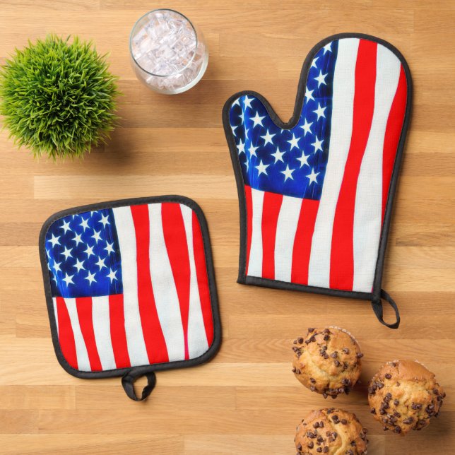 De Manoplas Bandera estadounidense Oven Mitt & Potholder Set (De arriba hacia abajo)