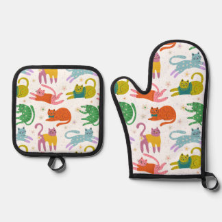 De Manoplas Colorful Cats Pattern Oven Mitt & Pot Holder Set