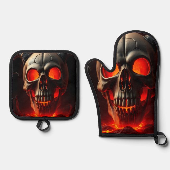 De Manoplas Demonic Skull Gate Halloween Oven Mitt Set (Anverso)