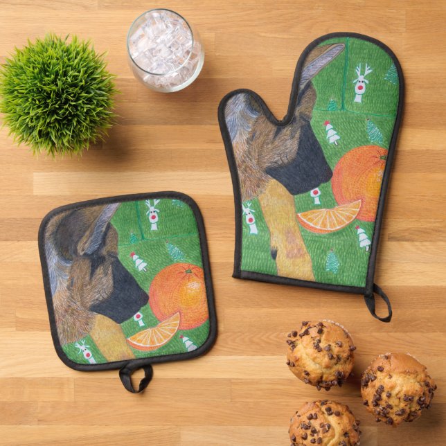 De Manoplas Dog and orange oven mitt & pot holder set (De arriba hacia abajo)