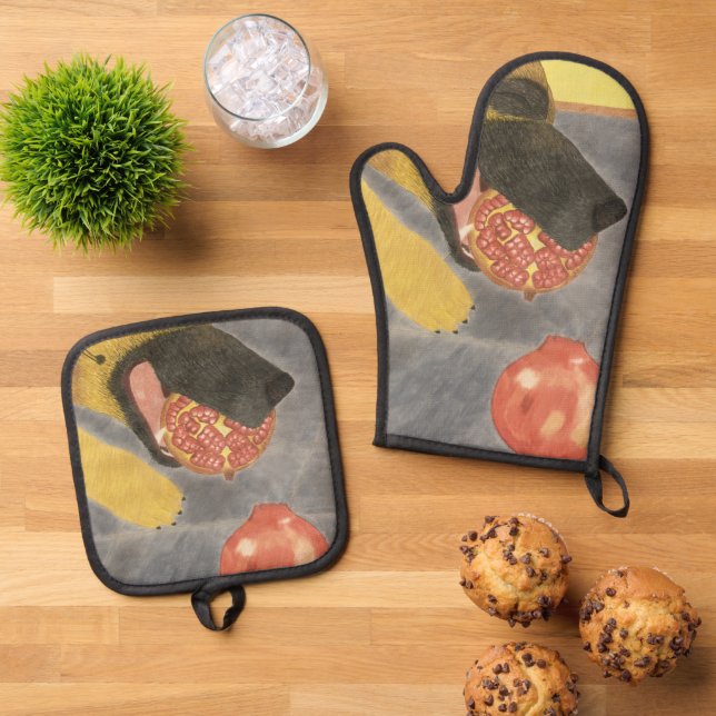 De Manoplas Dog and pomegranate oven mitt & pot holder set (De arriba hacia abajo)