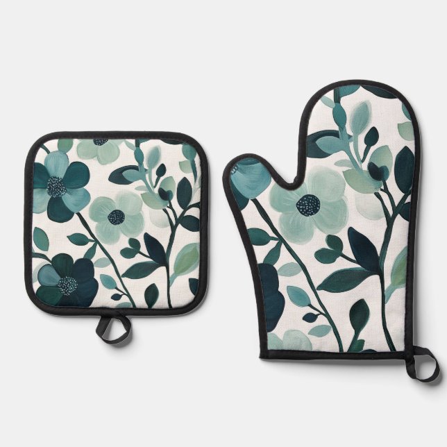 De Manoplas Elegante Cocina Floral Blue Aqua Oven Mitt Set (Anverso)