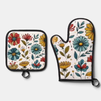 De Manoplas Floral Oven Mitt And Pot Holder Set Retro Folk Art