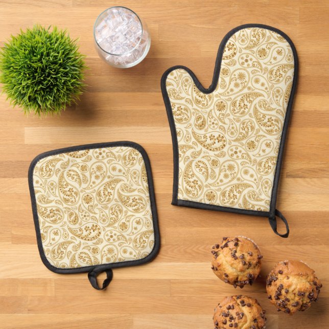 De Manoplas Gold Paisley Oven Mitt ya sea One o Set (De arriba hacia abajo)
