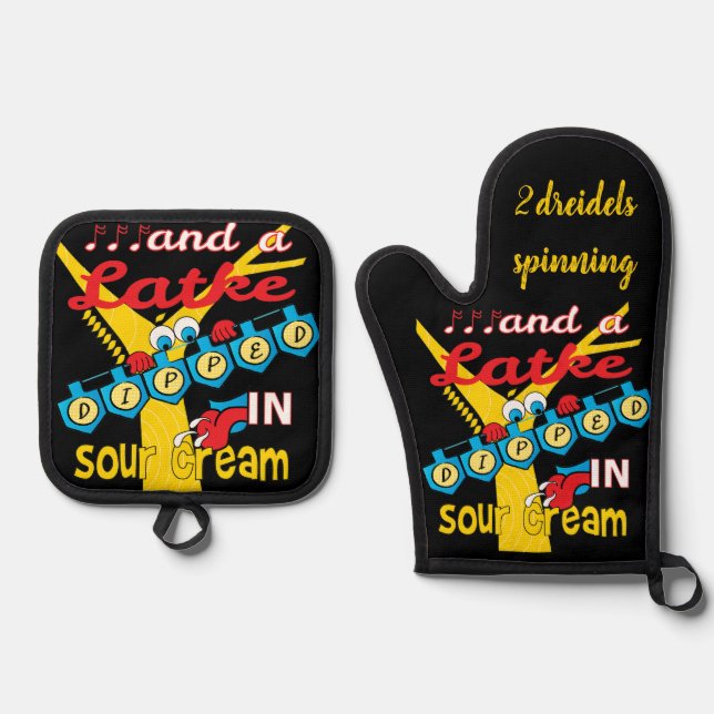 De Manoplas Hanukkah Latkes Oven Mitt & Pot Holding Set (Anverso)