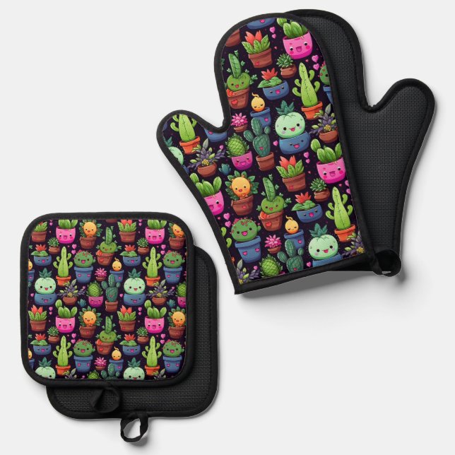 De Manoplas Kawaii Cactus Oven Mitt Set (Anverso/Reverso)