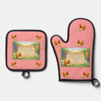 De Manoplas Light Red Oven Mitt & Potholder Set w/ Bible Verse