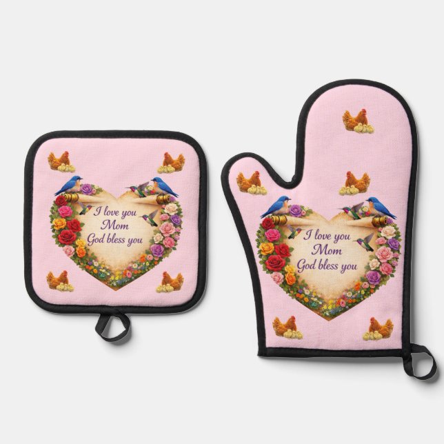 De Manoplas Mom's Heart & Chicken Oven Mitt & Pot Holder Set  (Anverso)
