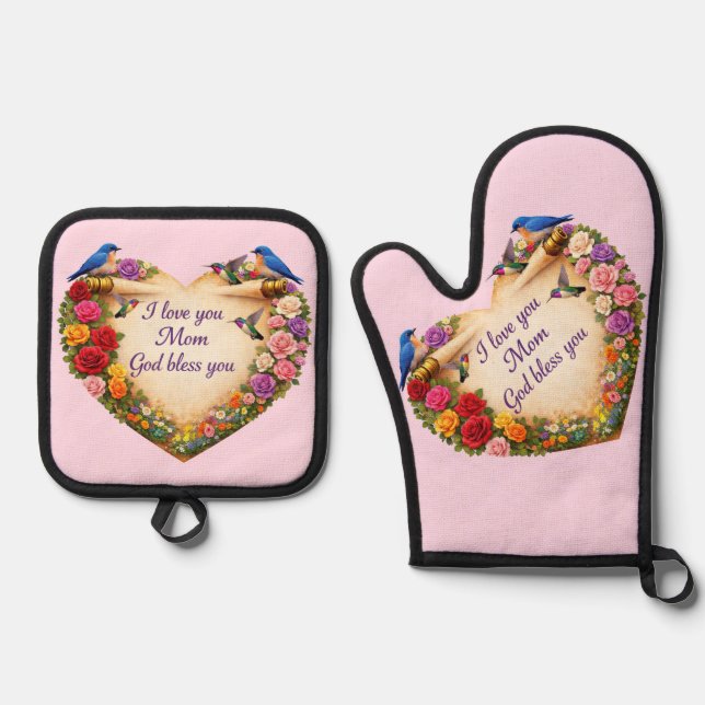 De Manoplas Mom's Pink Floral Heart Oven Mitt /Pot Holders Set (Anverso)