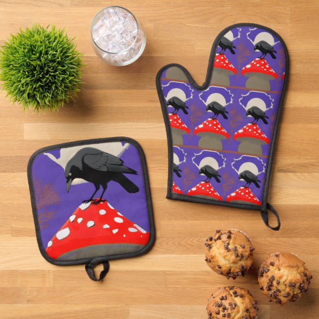 De Manoplas 🔥 Mystical Raven Oven Mitt & Pot Holders Set (De arriba hacia abajo)