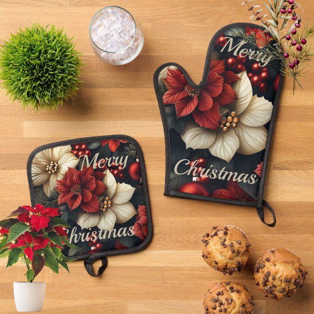 De Manoplas Navidades Poinsettia Oven Mitt & Pot Holder Set (Add a festive touch to your kitchen with our Christmas Poinsettia Oven Mitt & Pot Holder Set)