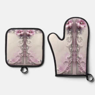 De Manoplas Pink Floral Oven Mitt & Pot Holder Set