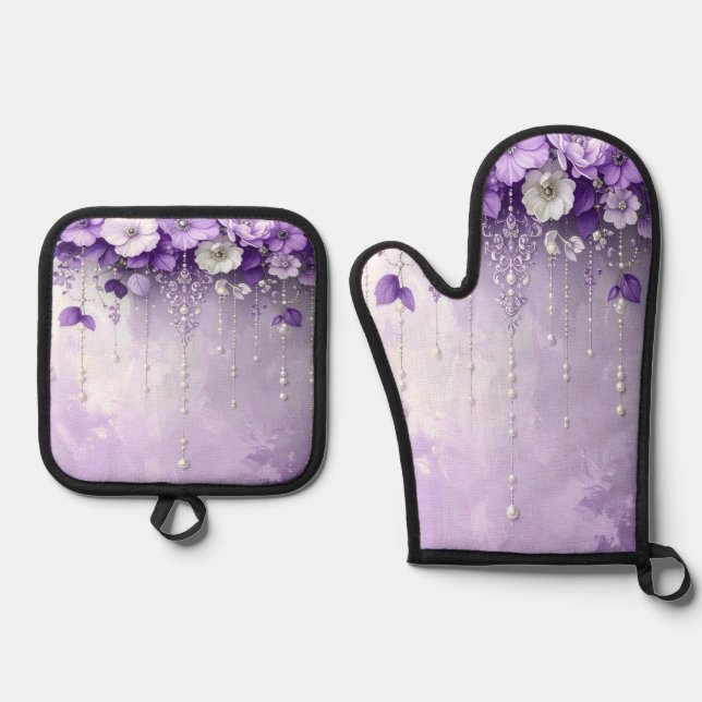 De Manoplas Purple Flowers Oven Mitt & Pot Holder Set (Anverso)