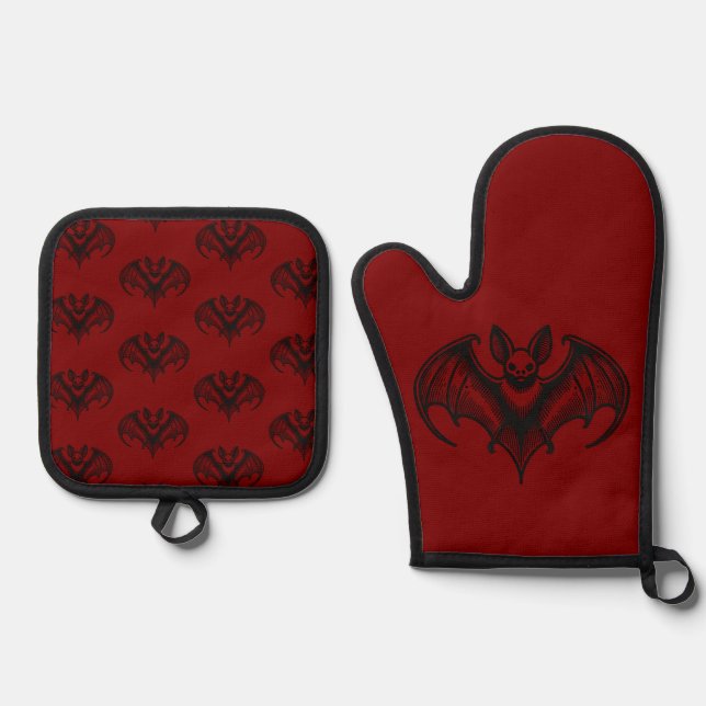 De Manoplas Red Bat Patterned Oven Mitt and Pot Holder Set (Anverso)