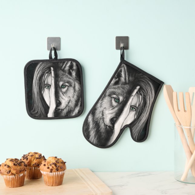 De Manoplas Wolf Woman Oven Mitt & Pot Holder Set (Insitu (colgante))