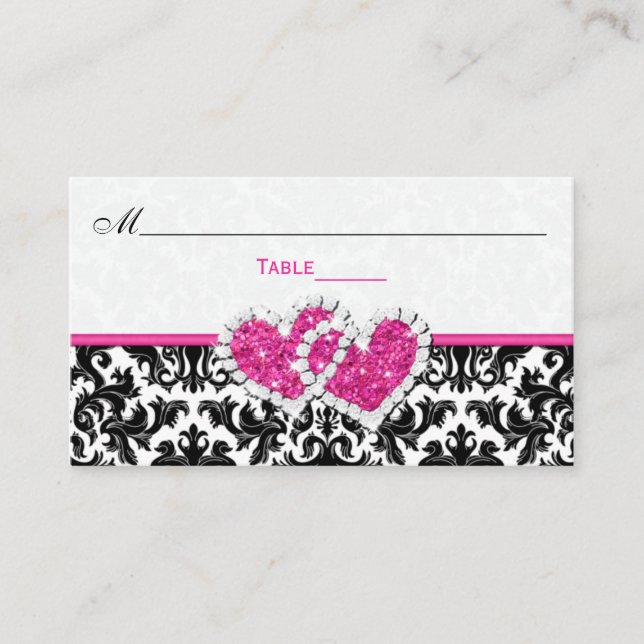 De Mesa Tarjeta Black, White, Pink Joined Heart Damask Pla (Anverso)
