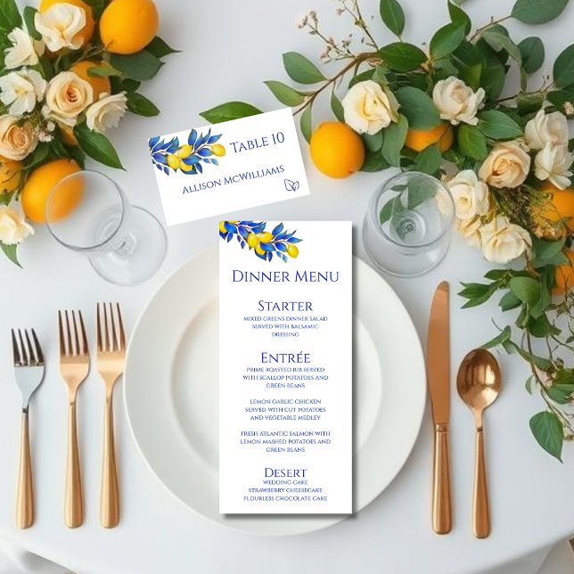 De Mesa Tarjeta boda-mediterránea- Iconos para comidas (Lemons-Wedding Place card-Mediterranean with meal icons)