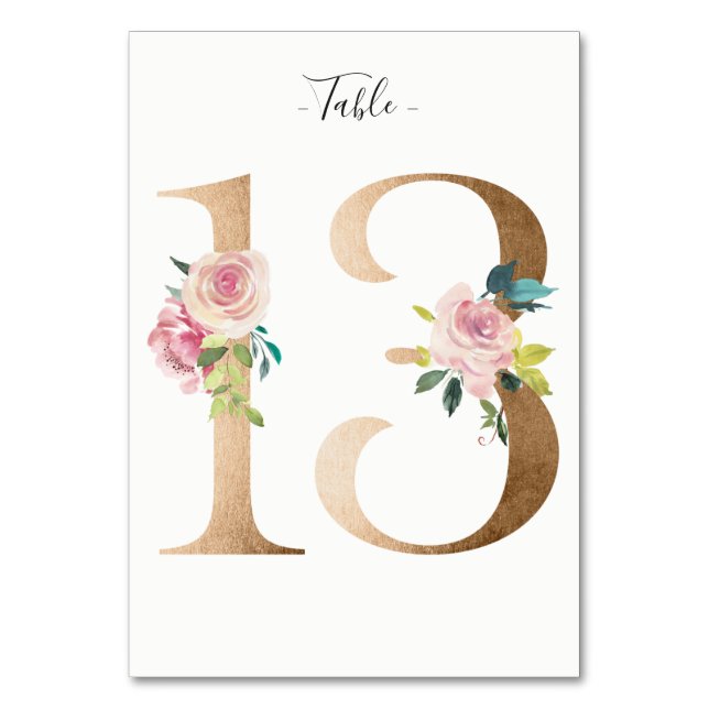 De Mesa Tarjeta Golden 13 Floral Table Number (Anverso)