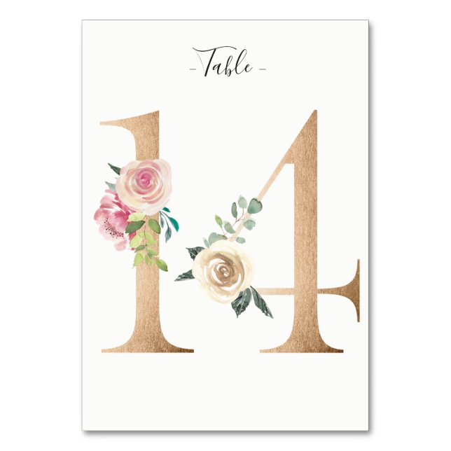 De Mesa Tarjeta Golden 14 Floral Table Number (Anverso)