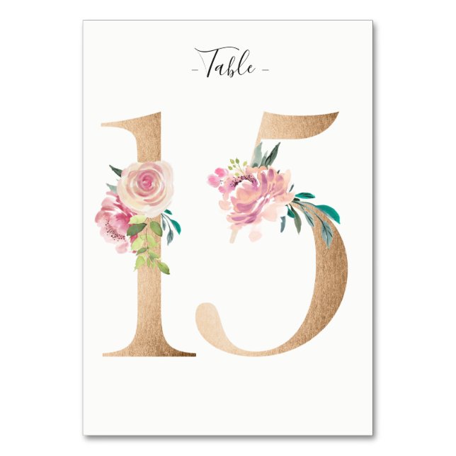 De Mesa Tarjeta Golden 15 Floral Table Number (Anverso)