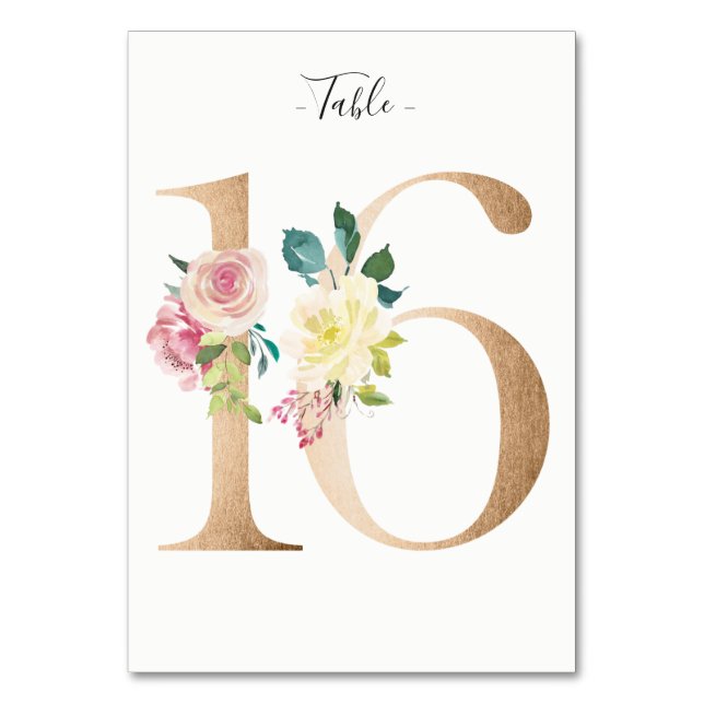 De Mesa Tarjeta Golden 16 Floral Table Number (Anverso)