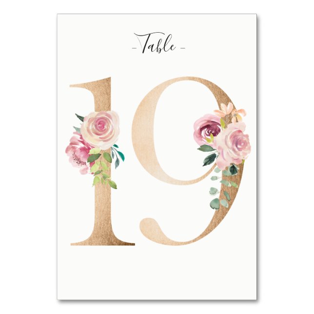 De Mesa Tarjeta Golden 19 Floral Table Number (Anverso)