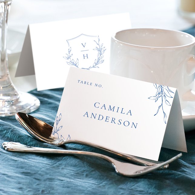De Mesa Tarjeta monográfica azul simple escudo botánico (Blue simple botanical crest monogram place card)