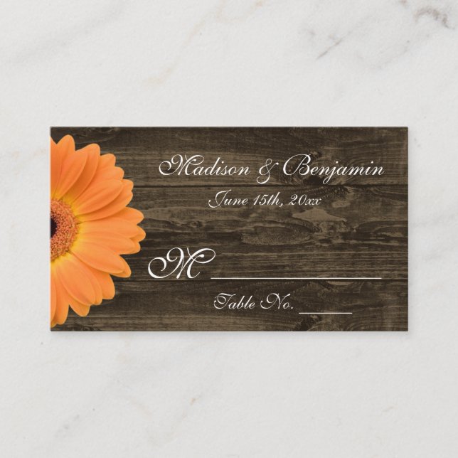 De Mesa Tarjeta Rustic Wood Naranja Gerber Daisy Boda Plac (Anverso)