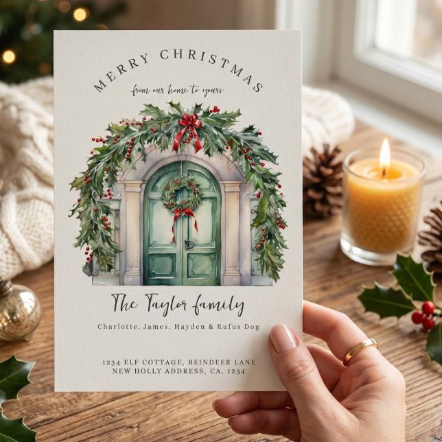 De nuestra casa a su tarjeta de vacaciones Navidad (From Our Home to Yours Christmas Holiday Card by Ricaso - Front door themed new home.)
