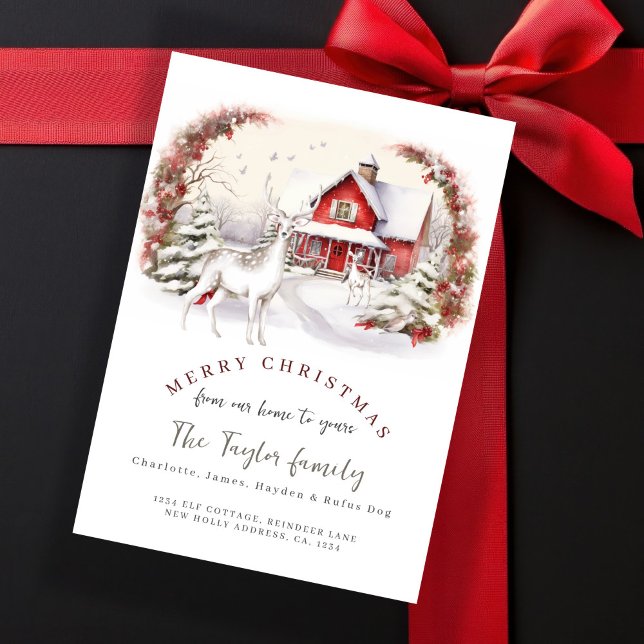 De nuestra casa a su tarjeta de vacaciones Navidad (From Our Home to Yours Christmas Holiday Card by Ricaso. Red cottage with snow and deer detail.)