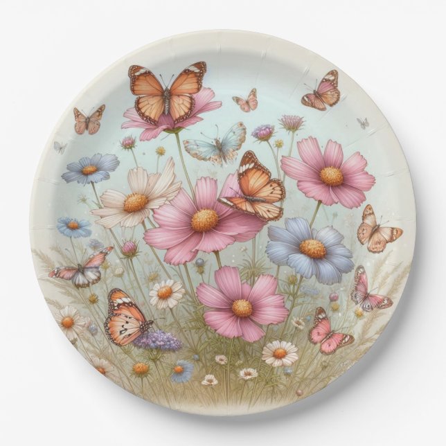 De Papel Mariposas Revoloteando sobre Flores en plato redon (Anverso)