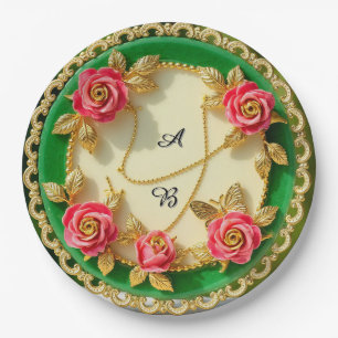 De Papel Plato con borde verde decorativo con rosa rosa