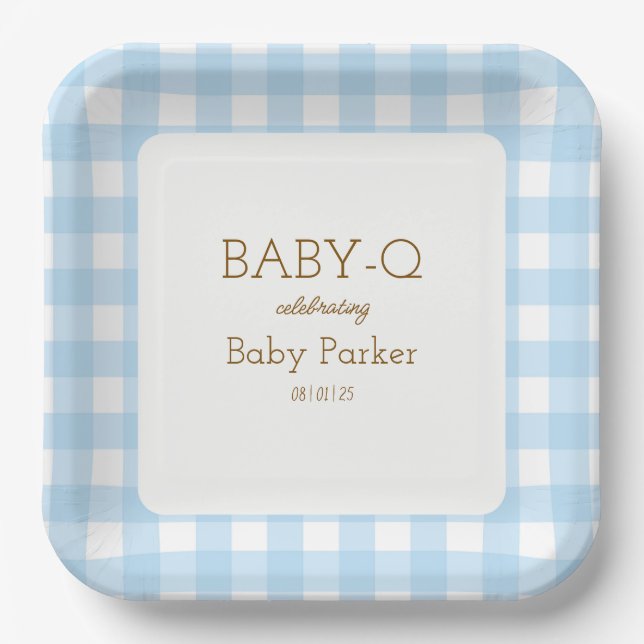 De Papel Plato Cuadrado Blue Gingham Baby-Q 2 (Anverso)