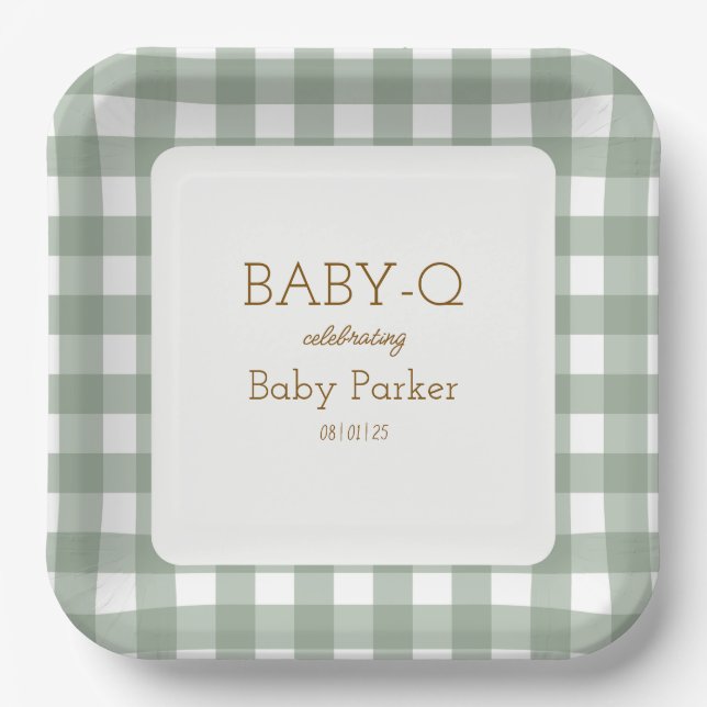 De Papel Plato cuadrado Green Gingham Baby-Q 2 (Anverso)