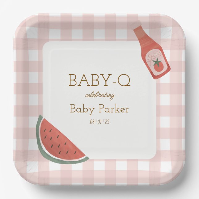 De Papel Plato cuadrado Pink Gingham Baby-Q (Anverso)