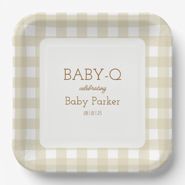 De Papel Plato cuadrado Tan Gingham Baby-Q 2 (Anverso)