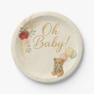 De Papel Plato Redondo para Baby Shower Oh Baby Boho Teddy 
