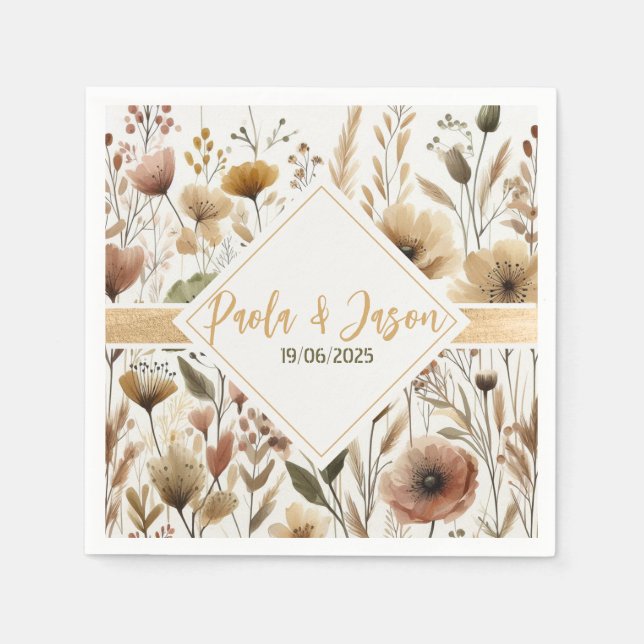 De Papel servilleta boda floral con cinta dorada (Anverso)