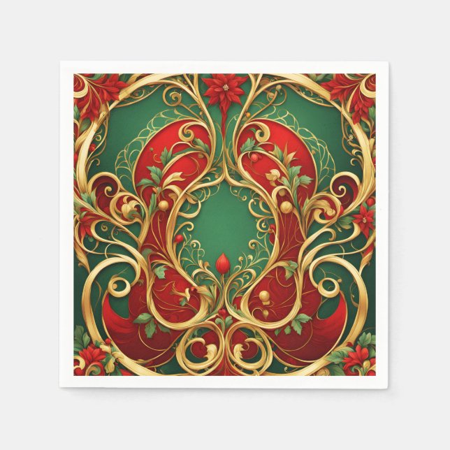 De Papel Servilleta Roja Verde Floral Navidad Fiesta (Anverso)