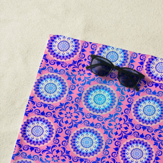 De Playa Blue Mandala Pattern Toalla rosa Boho Beach (In situ)